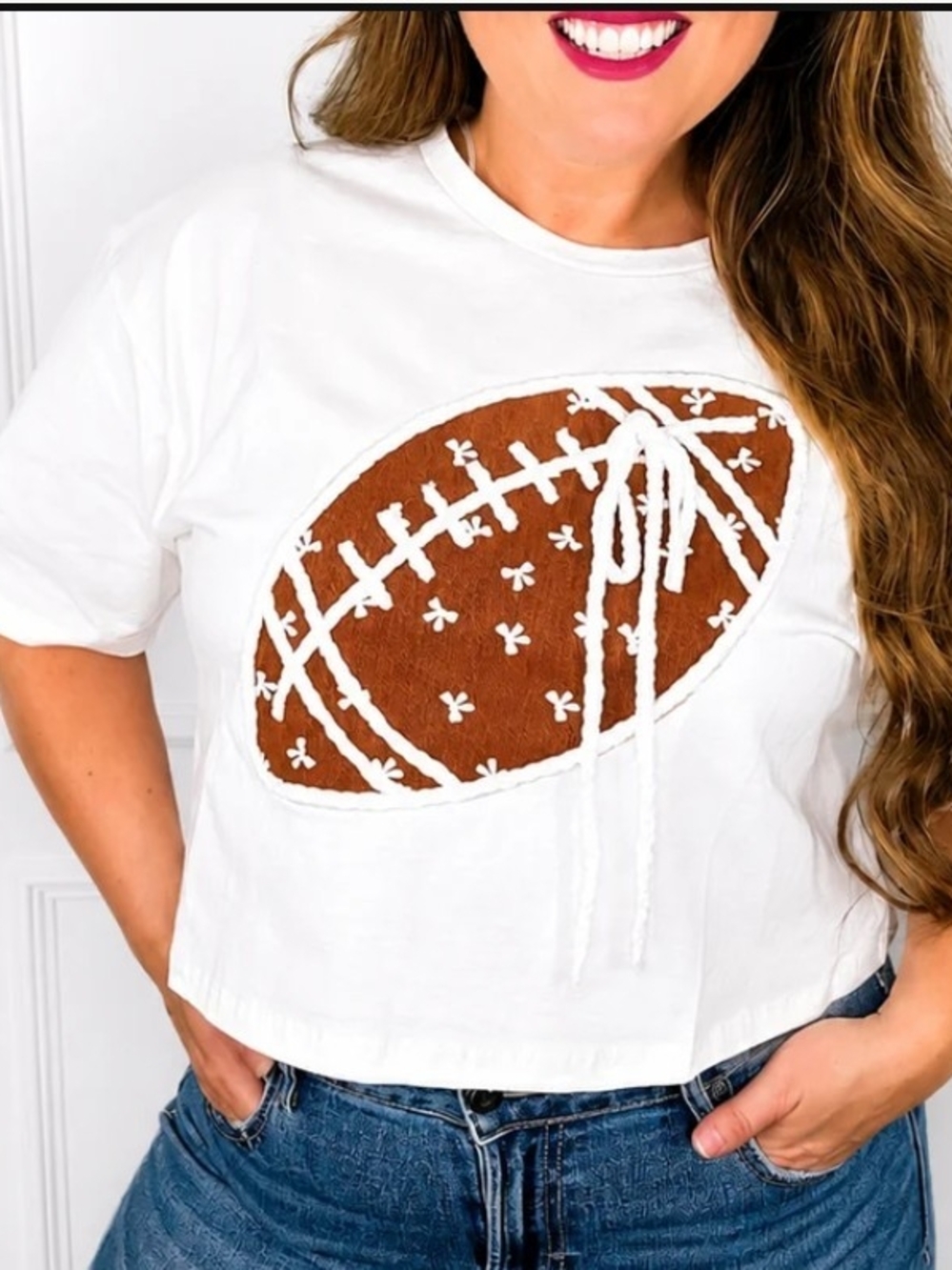 Peach Love California White Tee with Brown Football Appliqué